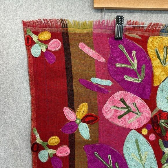 Embroidered Colorful Red Leaf / Floral  Wool? Scarf Shawl Wrap Stole 76" Long - Picture 2 of 14